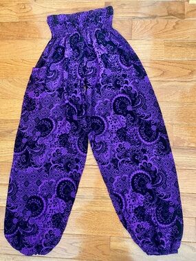 Yoa Purple Black Paisley Harem Pants Boho Festival Smocked Waist Cotton Jogger